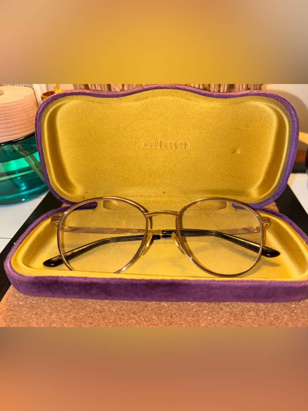 Gucci Gold Round Metal Frame Glasses with Black Temples